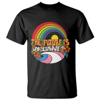 Black LGBT pride rainbow graphic T-shirt with flowers and centered “The Future’s Inclusive” text