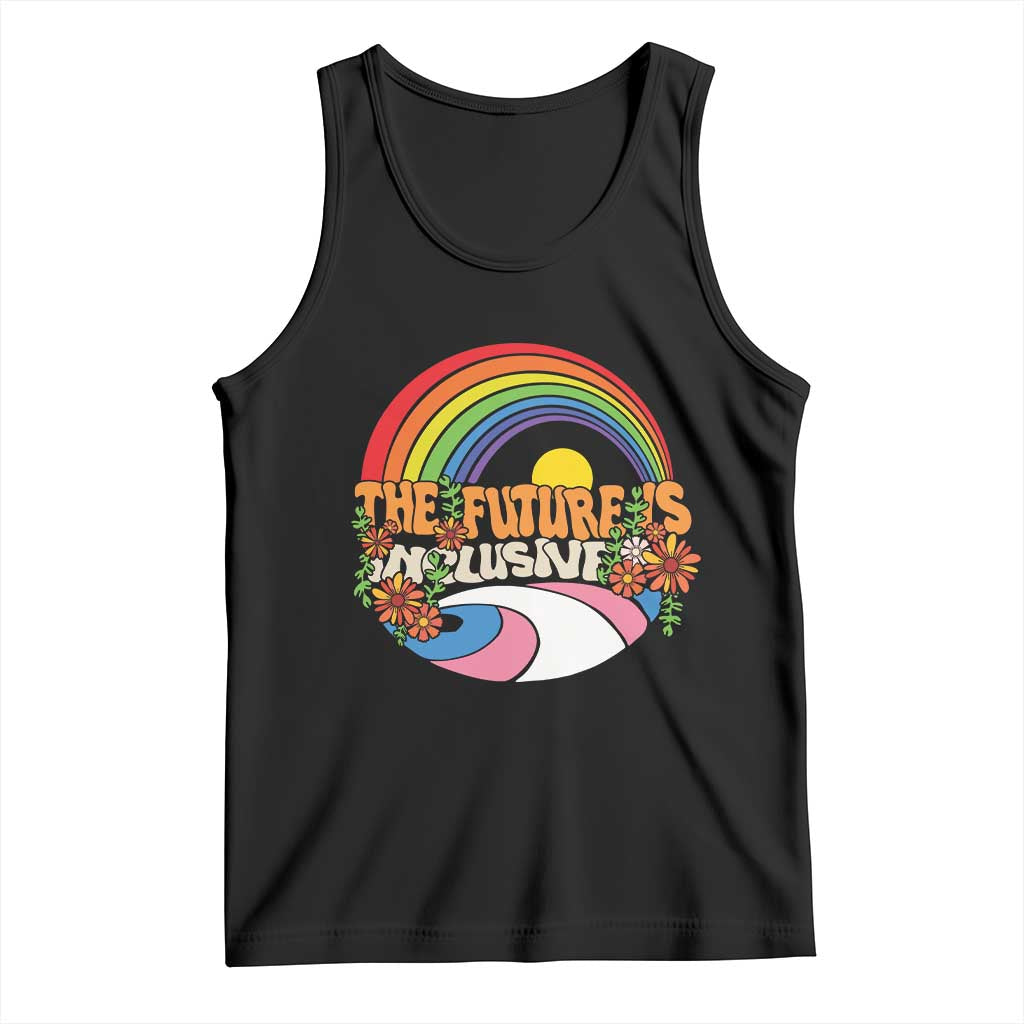 Black pride rainbow graphic tank top, sleeveless scoop neck with “The Future Is Inclusive”