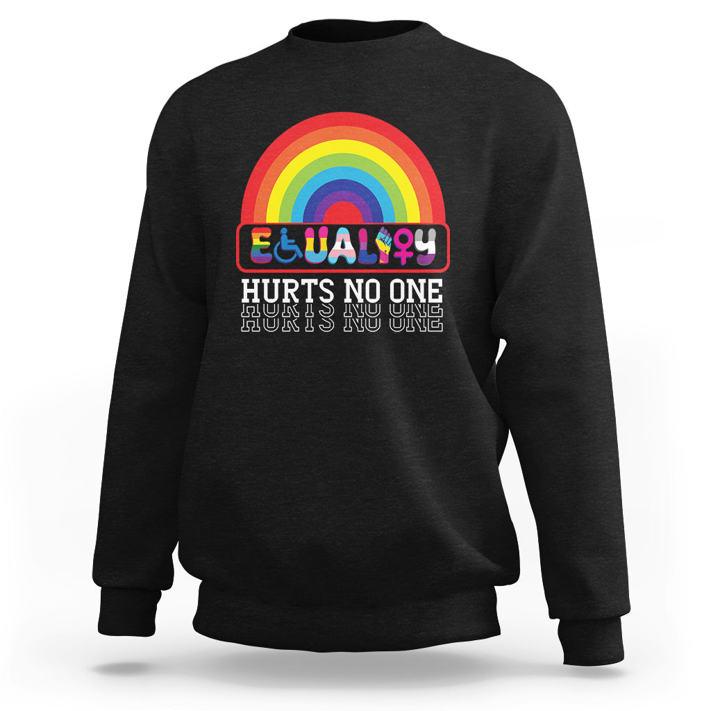 Black sweatshirt with rainbow circular Equality graphic and HURTS NO ONE text