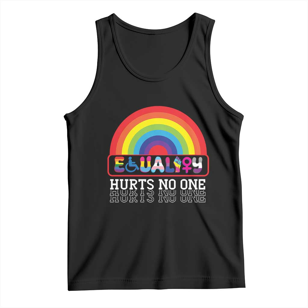 Black tank top with rainbow graphic and bold text 'EQUALITY HURTS NO ONE'