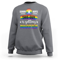 Charcoal gray crewneck sweatshirt with rainbow pride front graphic and “Married” text