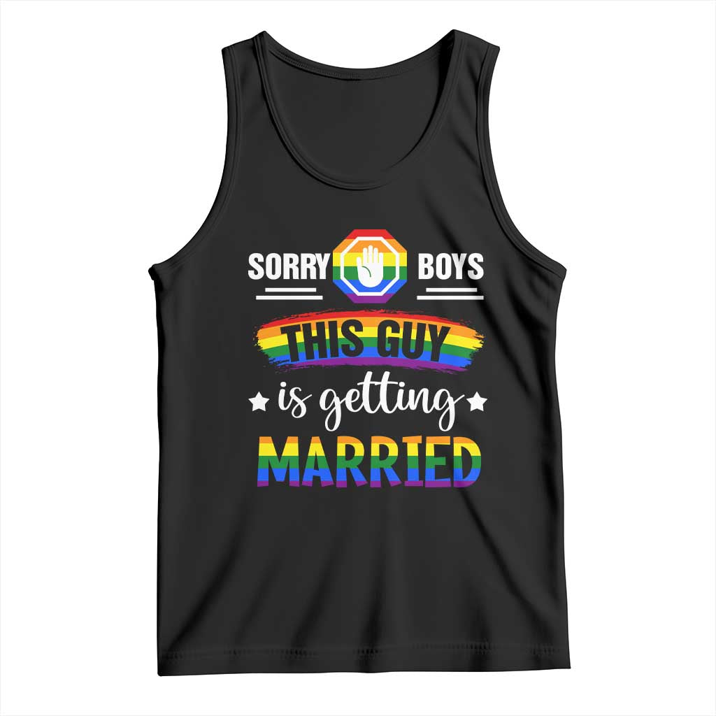 Black sleeveless tank top with rainbow LGBT pride "SORRY BOYS" "MARRIED" graphic