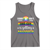 Dark gray pride graphic tank top with 'Sorry Boys' and 'This Guy is getting married'.