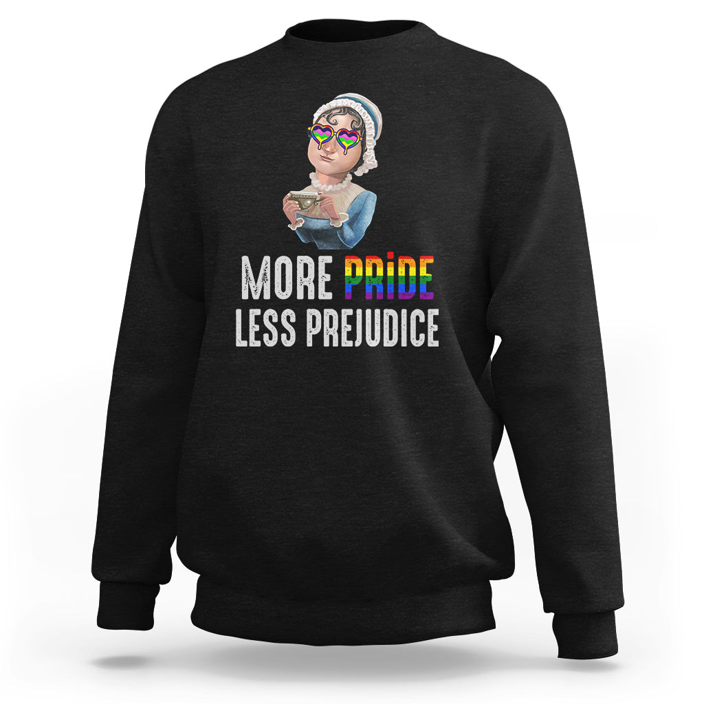 LGBT Pride sweatshirt, black, front graphic and rainbow “More Pride Less Prejudice” text