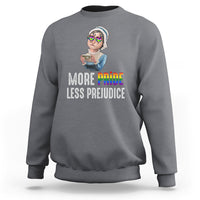 LGBT Pride sweatshirt, charcoal gray, front graphic and rainbow “More Pride Less Prejudice” text
