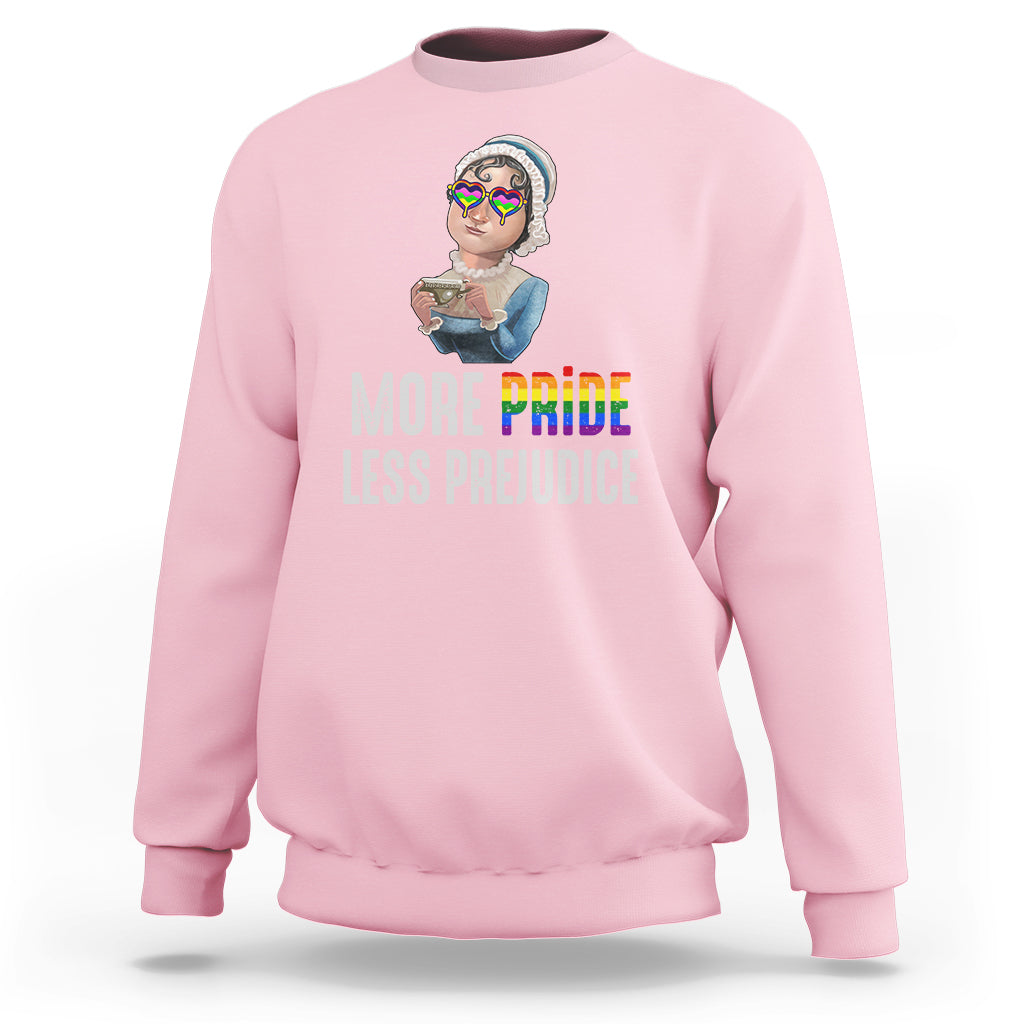 LGBT Pride sweatshirt, light pink, front graphic and rainbow “More Pride Less Prejudice” text