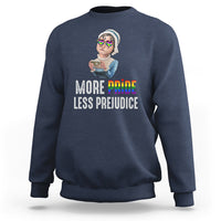 LGBT Pride sweatshirt, navy blue, front graphic and rainbow “More Pride Less Prejudice” text