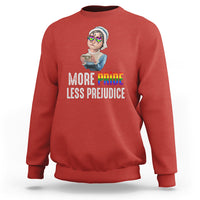 LGBT Pride sweatshirt, red, front graphic and rainbow “More Pride Less Prejudice” text
