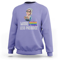 LGBT Pride sweatshirt, violet, front graphic and rainbow “More Pride Less Prejudice” text