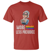 Red LGBT pride t-shirt with rainbow hearts and “MORE PRIDE LESS PREJUDICE” text graphic