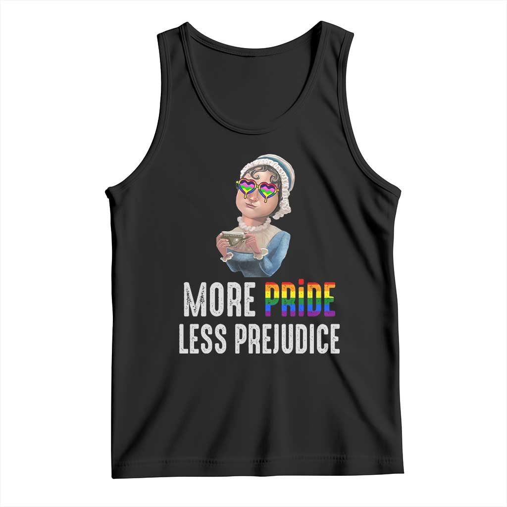 Black tank top, sleeveless crew neck, rainbow pride graphic, 'MORE PRIDE LESS PREJUDICE'