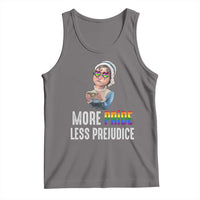 Dark gray LGBT pride tank top with rainbow “More Pride Less Prejudice” graphic