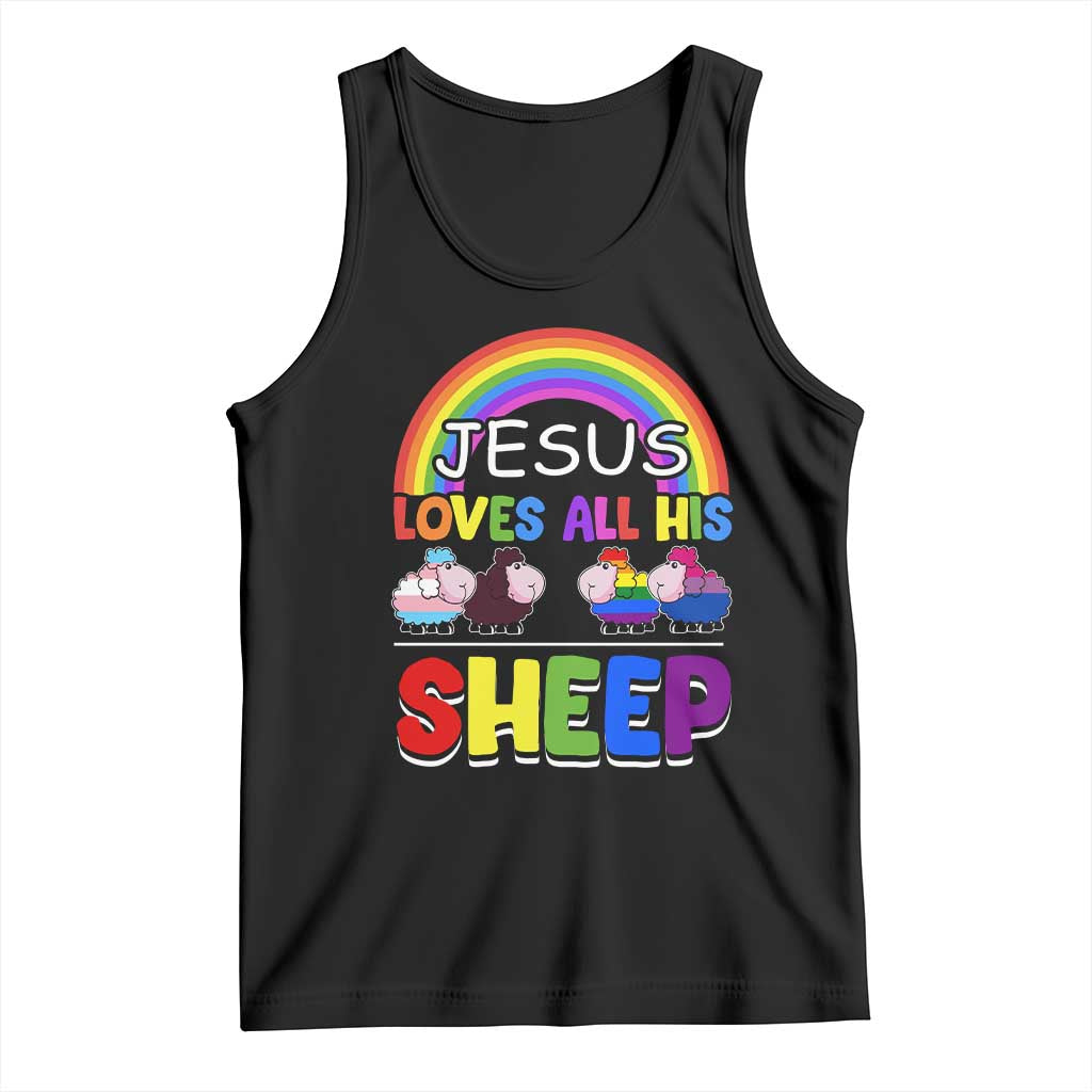 Black youth tank top with colorful Jesus loves sheep graphic on front