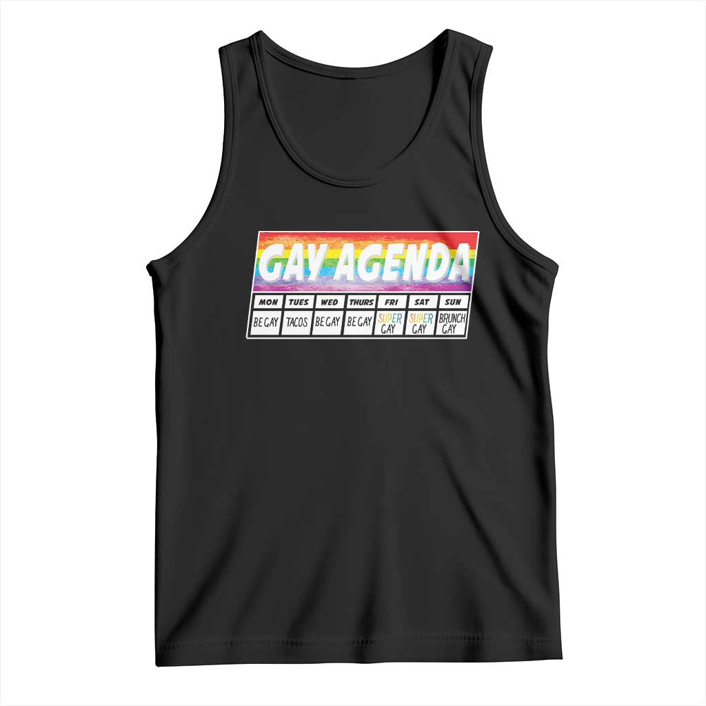 Black pride tank top with rainbow "GAY AGENDA" weekly schedule graphic
