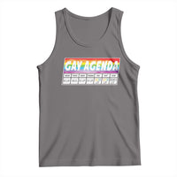 Gray sleeveless pride tank top with scoop neck and colorful “Gay Agenda” graphic