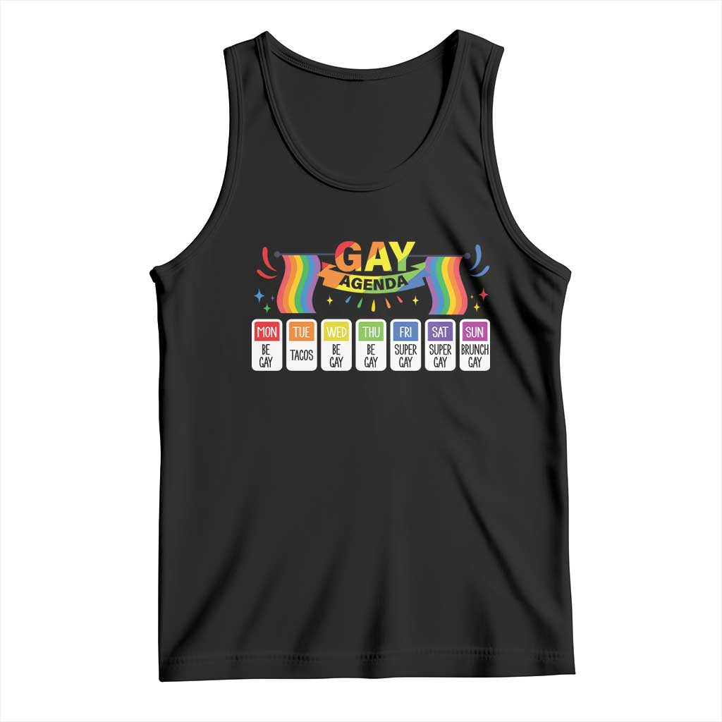 Black sleeveless tank with rainbow 'Gay Agenda' weekly schedule graphic