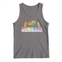 Sleeveless tank top with rainbow “Gay Agenda” weekly schedule graphic, dark heather gray