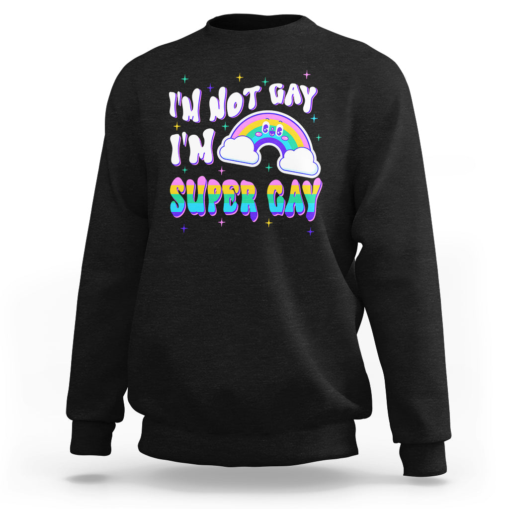Black crewneck sweatshirt with colorful rainbow pride graphic and text.