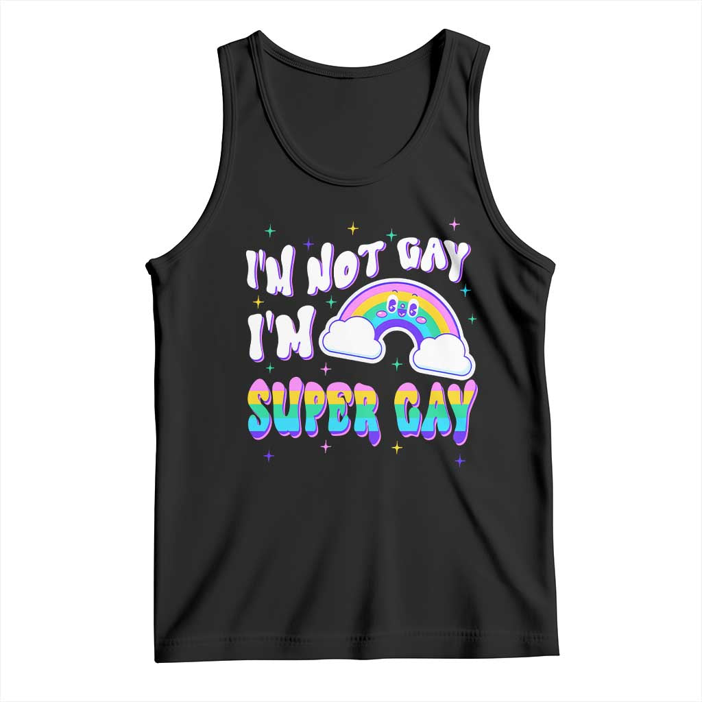 Black sleeveless pride tank top with rainbow graphic and text "I'm not gay, I'm super gay"