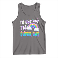 Dark gray pride tank top with rainbow graphic and “I’m not gay, I’m super gay” text
