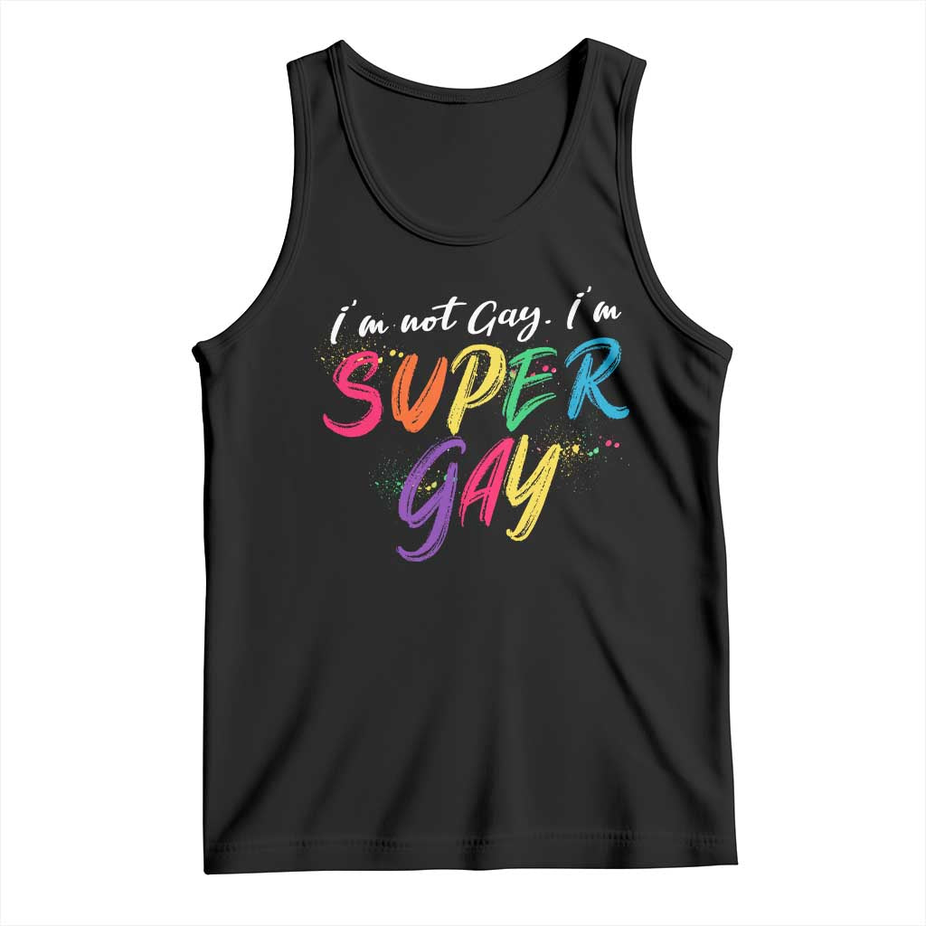 Black LGBT pride tank top, 'SUPER GAY' rainbow text, crew neckline