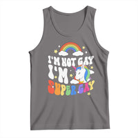Dark gray pride tank top with rainbow, unicorn graphic, and slogan print