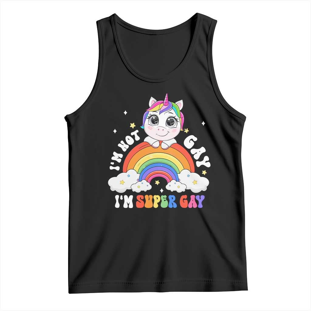 Black pride tank top with unicorn rainbow graphic and I'm Super Gay text