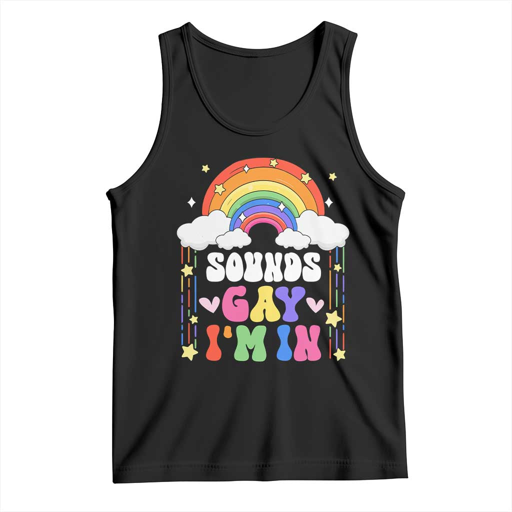 Black pride tank top with rainbow graphic, clouds, and “Sounds Gay I’m In” text