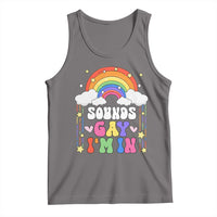 Dark gray LGBT Pride tank top with rainbow and 'Sounds Gay I'm In' text print