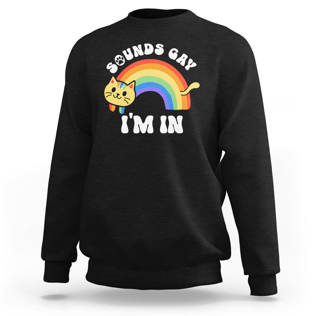 Black cat lover sweatshirt with rainbow graphic and “I’m in” text