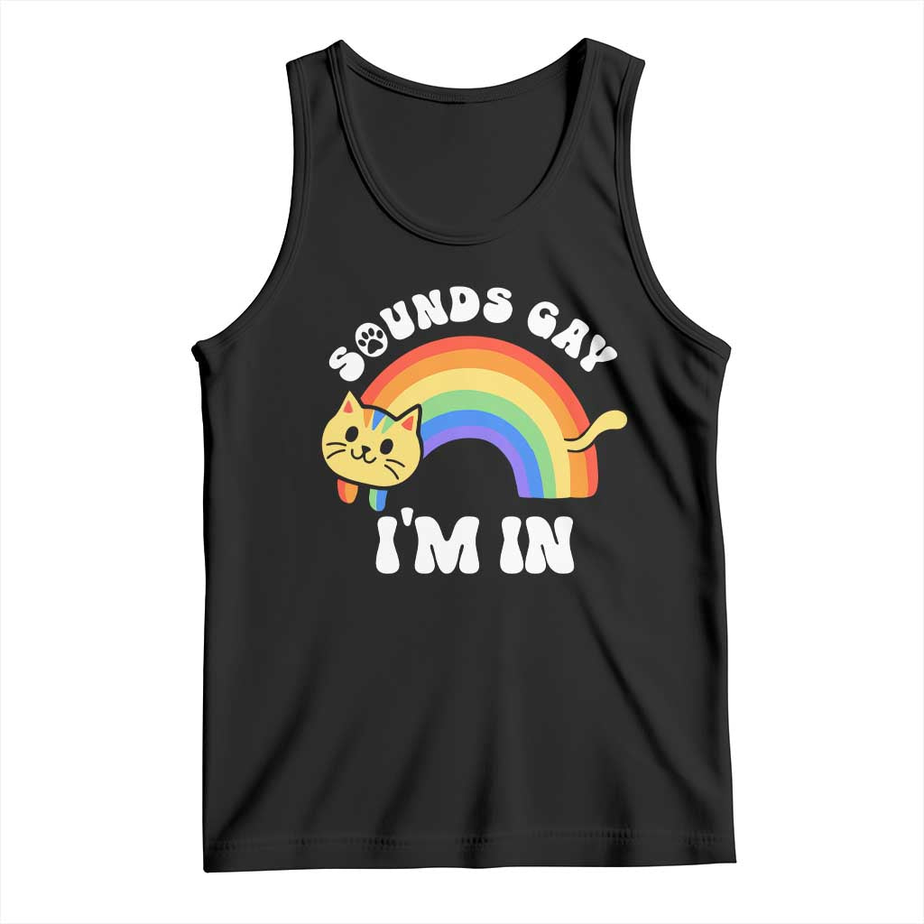 Black cat lover tank top with rainbow cat graphic, scoop neck, sleeveless
