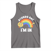 Dark gray cat graphic tank top with rainbow and paw prints