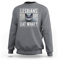 Charcoal crewneck sweatshirt with cat graphic and text 'LESBIANS EAT WHAT?' on chest