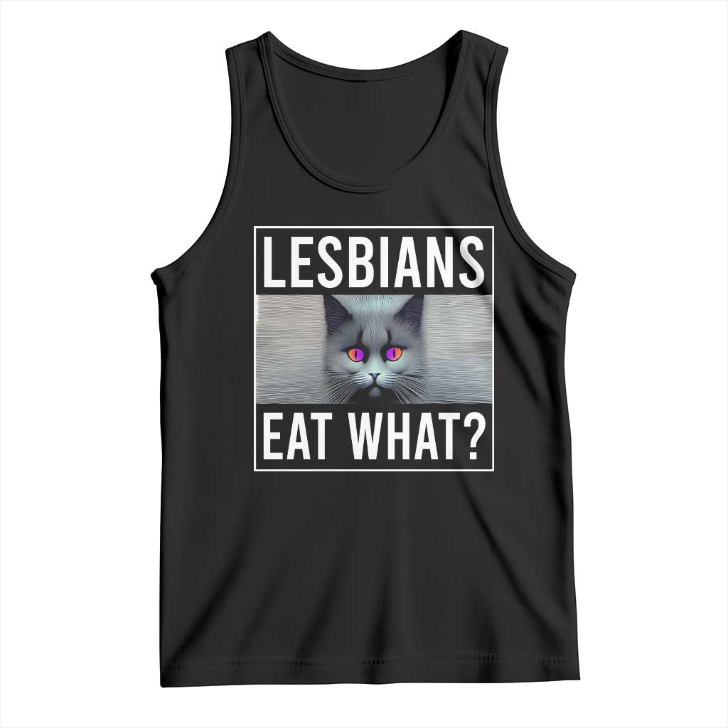 Black tank top with cat graphic and text 'LESBIANS EAT WHAT?'