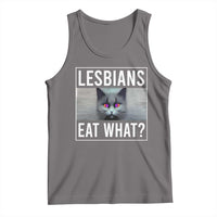 Heather gray tank top with cat face and 'LESBIANS EAT WHAT?'