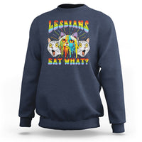 Navy crewneck sweatshirt with rainbow "Lesbians Eat What?" cat graphic