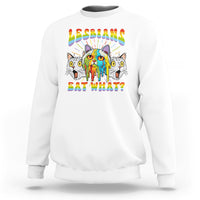 White crewneck sweatshirt with rainbow "Lesbians Eat What?" cat graphic