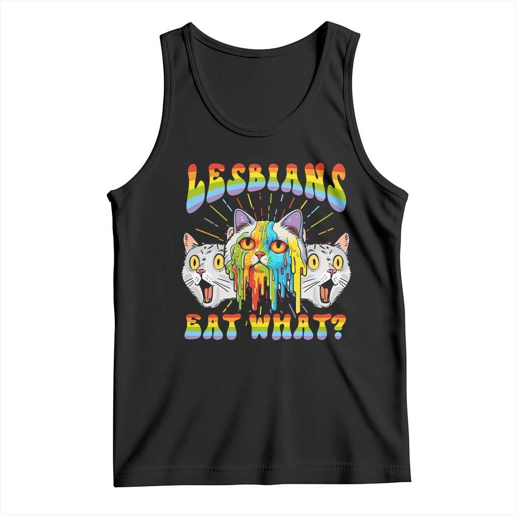 Black sleeveless tank top with rainbow text and colorful cat graphic, crew neck