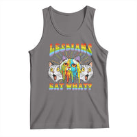 Dark gray tank top with rainbow cat graphic and "EAT WHAT?" text