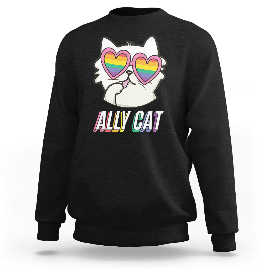 Black crewneck sweatshirt with rainbow heart-eyed cat graphic and “Ally Cat” text