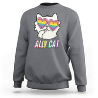 Charcoal crewneck sweatshirt with rainbow heart-eyed cat graphic and “Ally Cat” text