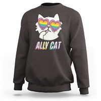 Dark chocolate crewneck sweatshirt with rainbow heart-eyed cat graphic and “Ally Cat” text