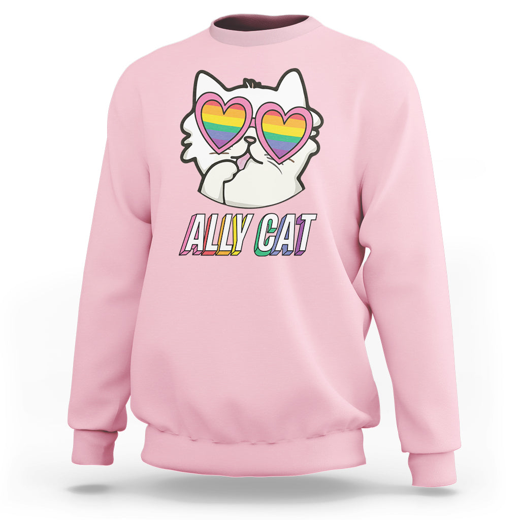 Light pink crewneck sweatshirt with rainbow heart-eyed cat graphic and “Ally Cat” text