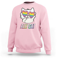 Light pink crewneck sweatshirt with rainbow heart-eyed cat graphic and “Ally Cat” text