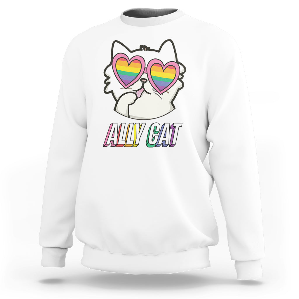 White crewneck sweatshirt with rainbow heart-eyed cat graphic and “Ally Cat” text
