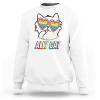 White crewneck sweatshirt with rainbow heart-eyed cat graphic and “Ally Cat” text