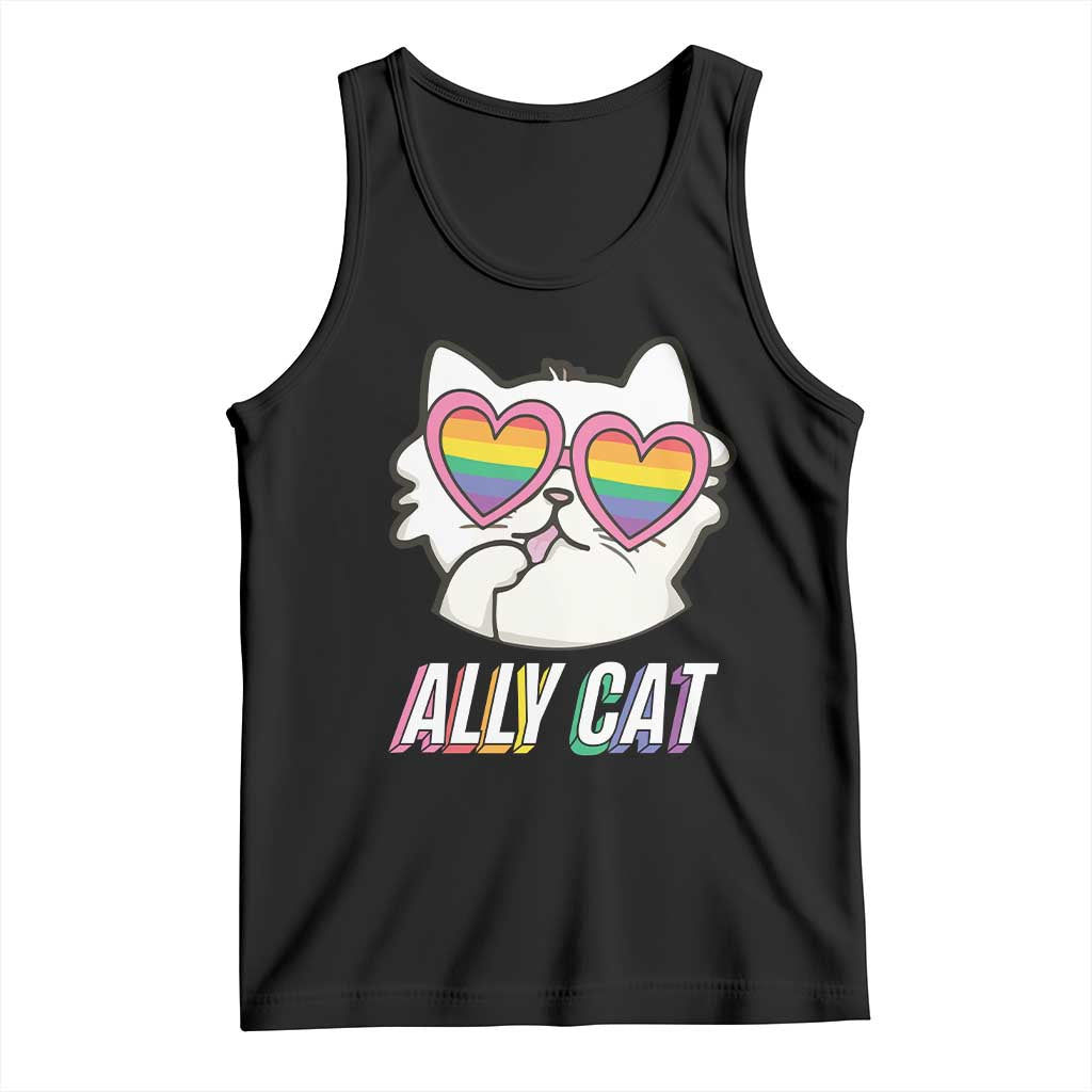 Black pride tank top with rainbow heart glasses cats graphic and Ally Cat text