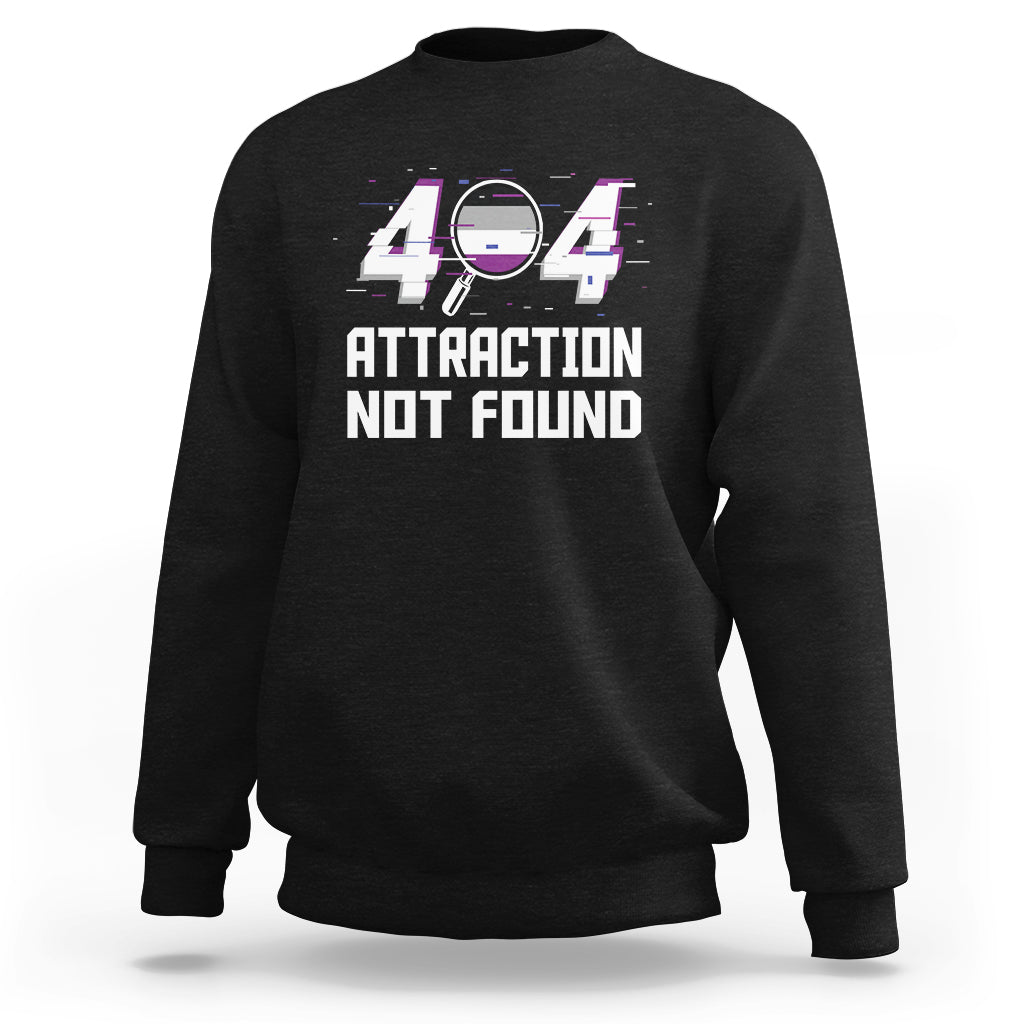 Black sweatshirt with “404 ATTRACTION NOT FOUND” graphic print, crew neck, long sleeves