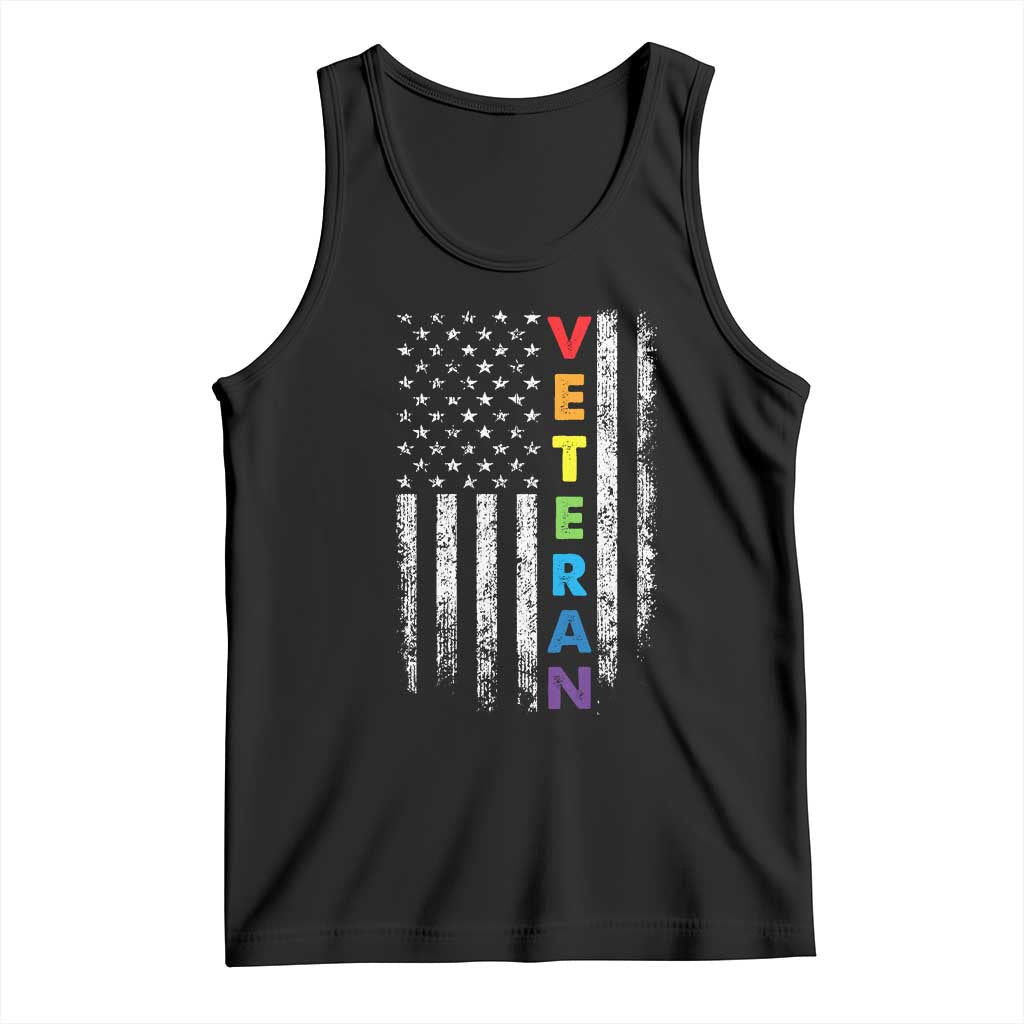 Black sleeveless tank top with distressed American flag and rainbow 'VETERAN' lettering