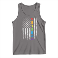 Men's gray sleeveless tank top with USA flag stars and rainbow VETERAN graphic